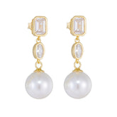 Round Pearl Pendant Emerald Cut and Oval Zircon Sterling Silver Drop Earrings